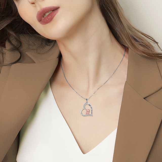 Collier en argent sterling bicolore avec pendentif cochon et coeur en zircon cubique avec-1