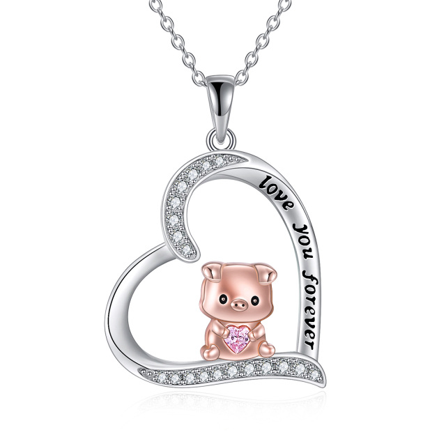 Sterling Silver Two-tone Circular Shaped Cubic Zirconia Pig & Heart Pendant Necklace with Engraved Word-0