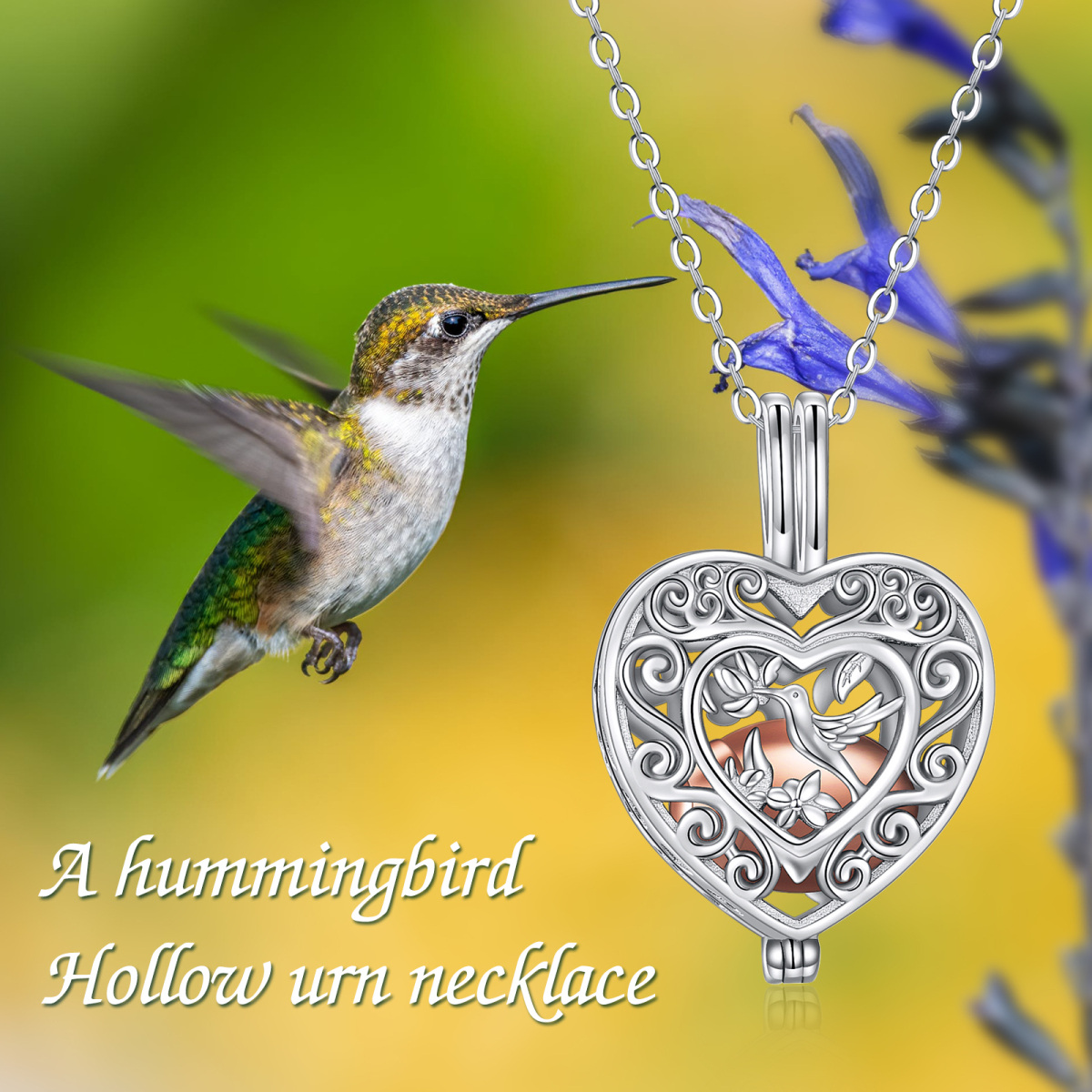 Collier d'urne pour cendres en argent sterling bicolore avec colibri et médaillon en forme de coeur-6