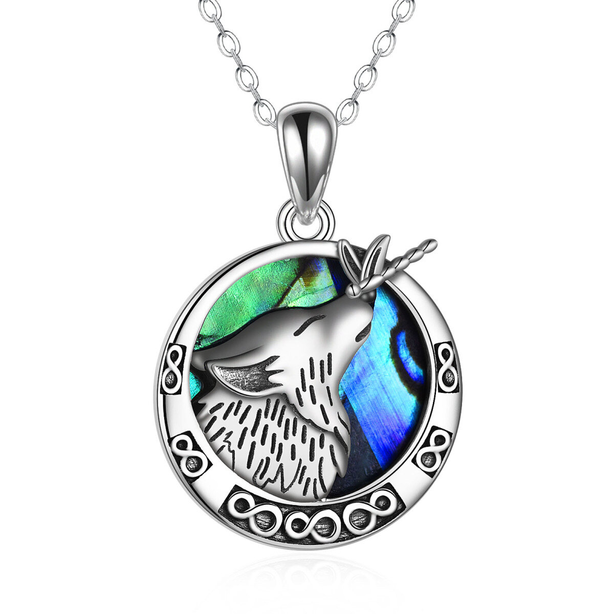 Sterling Silver Circular Shaped Abalone Shellfish Dragonfly & Wolf Pendant Necklace-1
