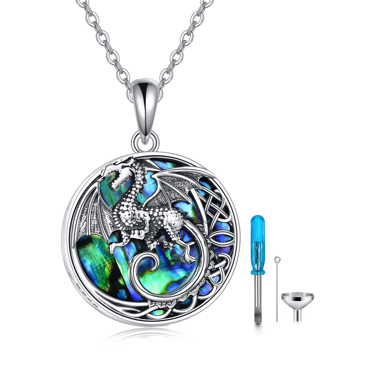 Sterling Silver Circular Shaped Abalone Shellfish Dinosaur Urn Necklace for Ashes with Engraved Word-1