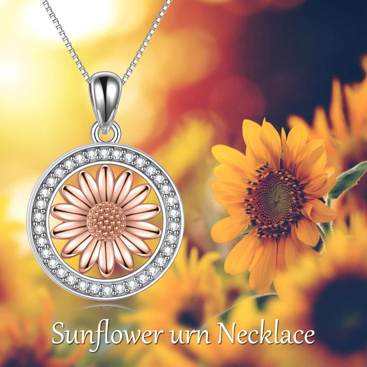 Sterling Silver Two-tone Circular Shaped Cubic Zirconia Sunflower Urn Necklace for Ashes-5