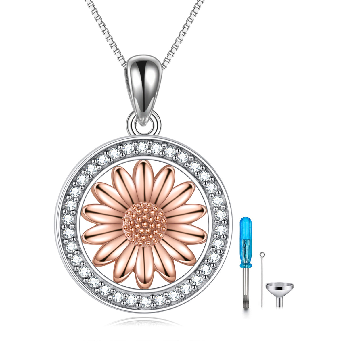 Sterling Silver Two-tone Circular Shaped Cubic Zirconia Sunflower Urn Necklace for Ashes-1