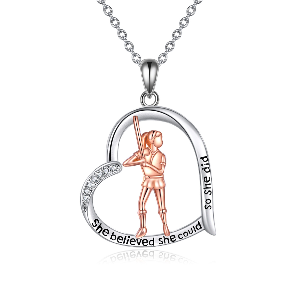 Sterling Silver Two-tone Cubic Zirconia Baseball & Heart Pendant Necklace with Engraved Word-1