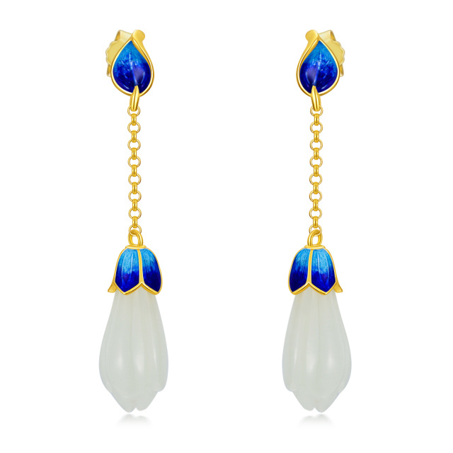 Sterling Silver with Yellow Gold Plated Jade Tulip Drop Earrings-3