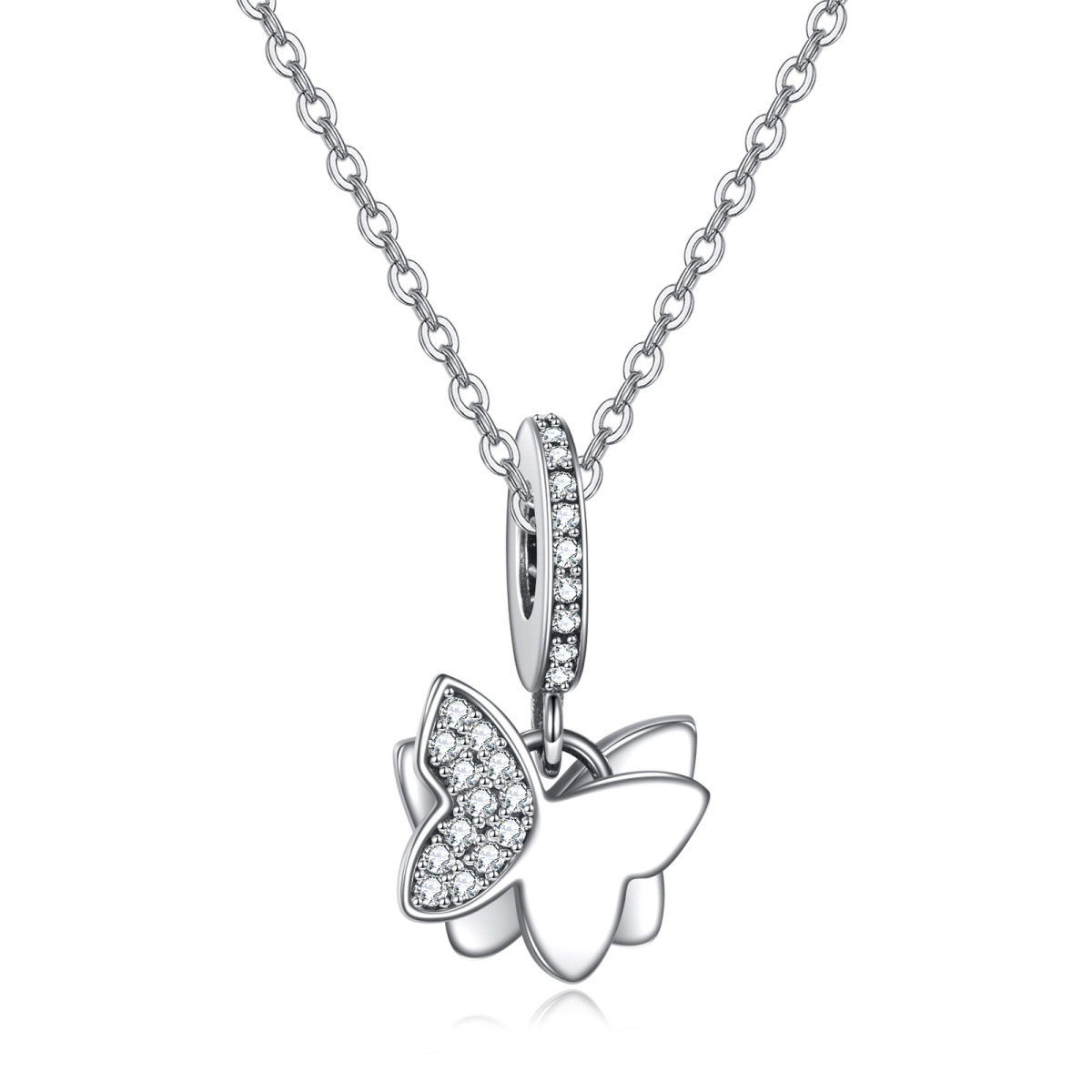 Sterling Silver Round Zircon Butterfly Pendant Necklace-1
