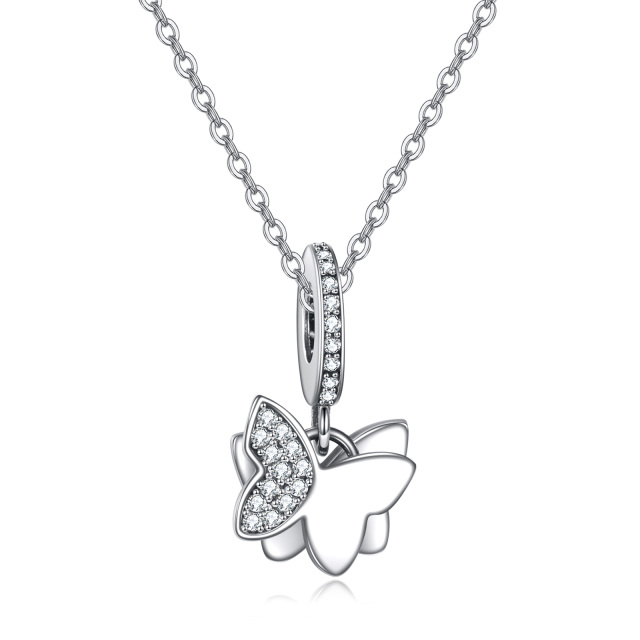 Sterling Silver Round Zircon Butterfly Pendant Necklace-0