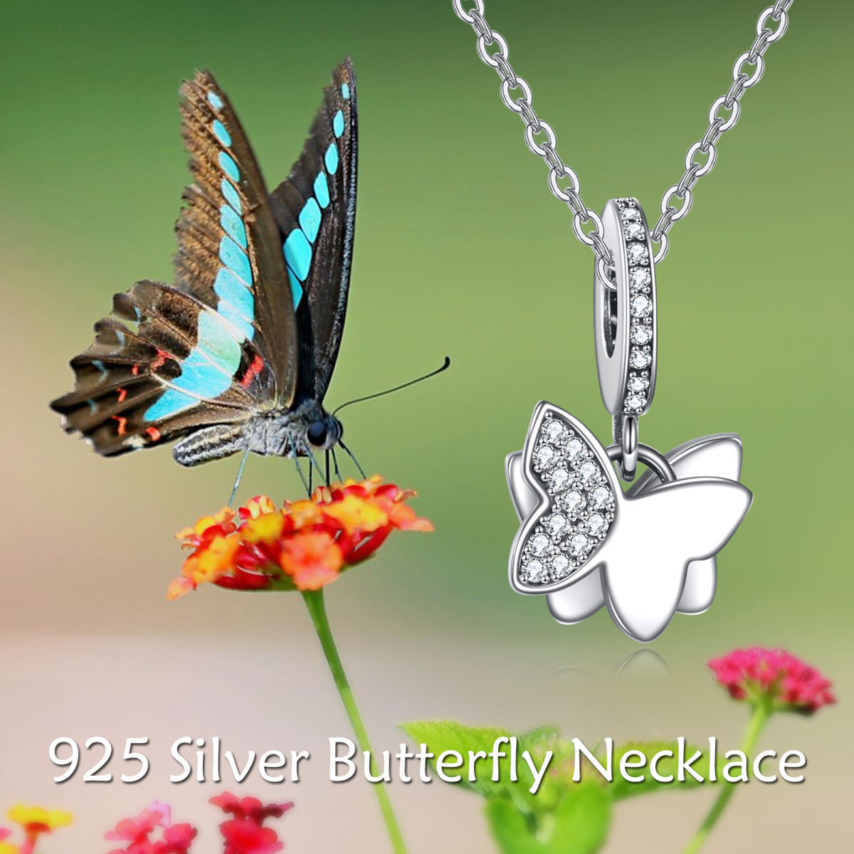 Sterling Silver Round Zircon Butterfly Pendant Necklace-6