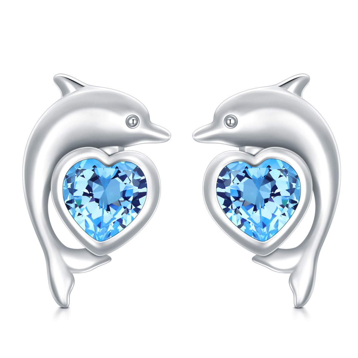 Sterling Silver Heart Shaped Cubic Zirconia Dolphin Stud Earrings-1