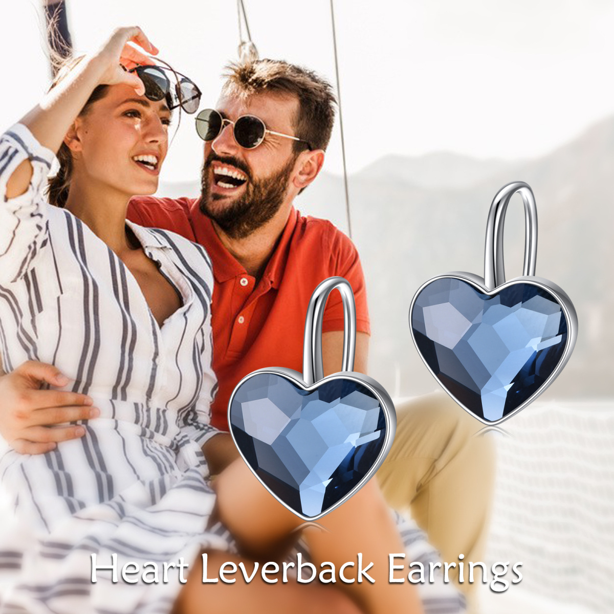 Sterling Silver Heart Shaped Crystal Heart Lever-back Earrings-5