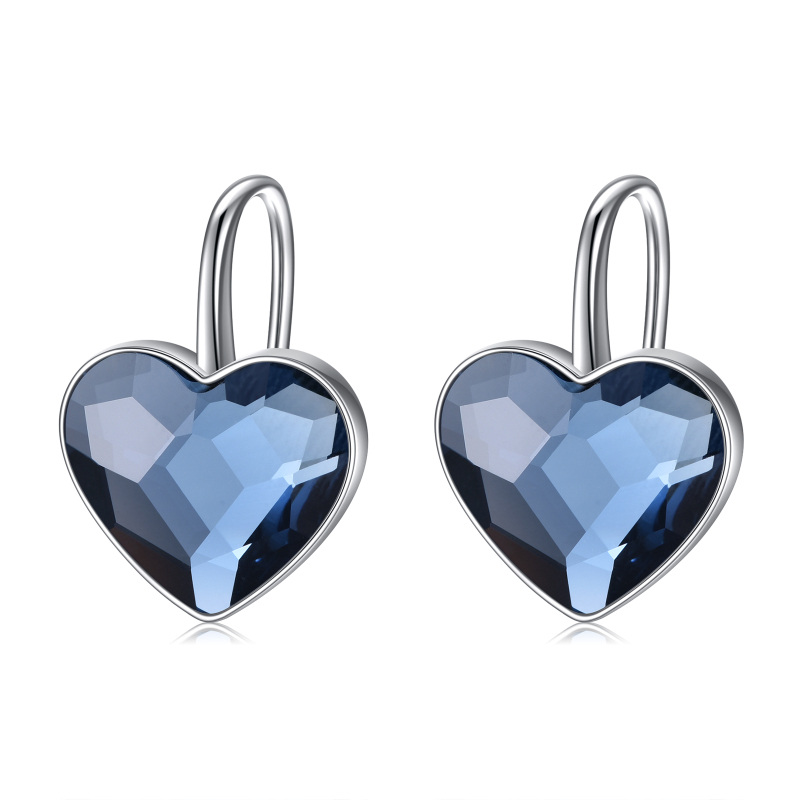 Sterling Silver Heart Shaped Crystal Heart Lever-back Earrings