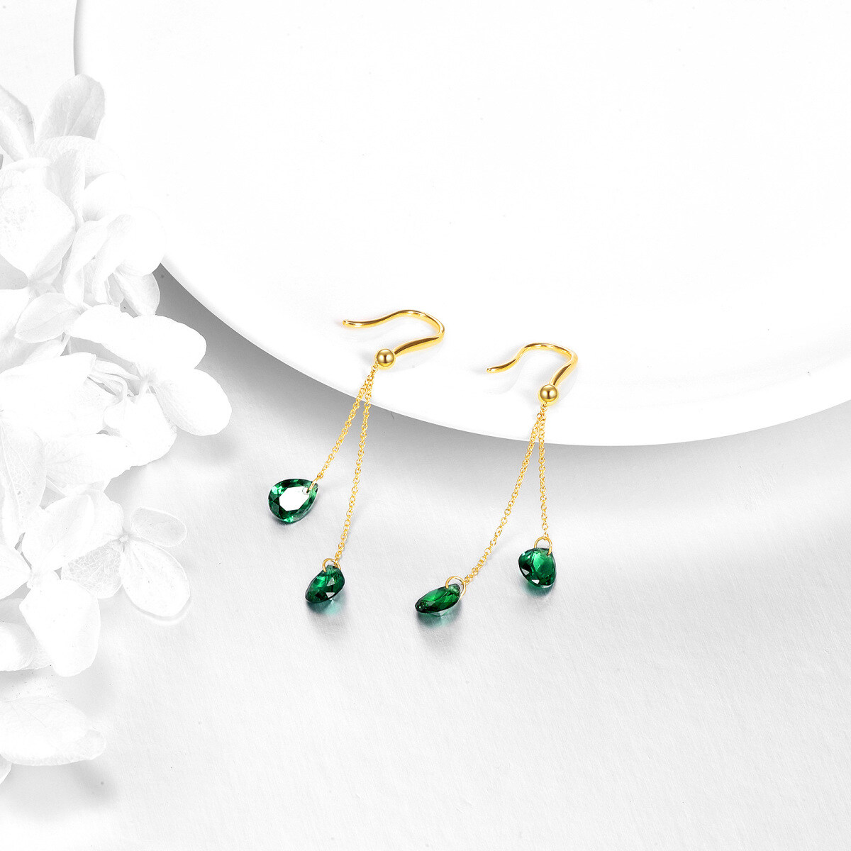 14K Gold Pear Shaped Emerald Drop Shape Drop Earrings-4