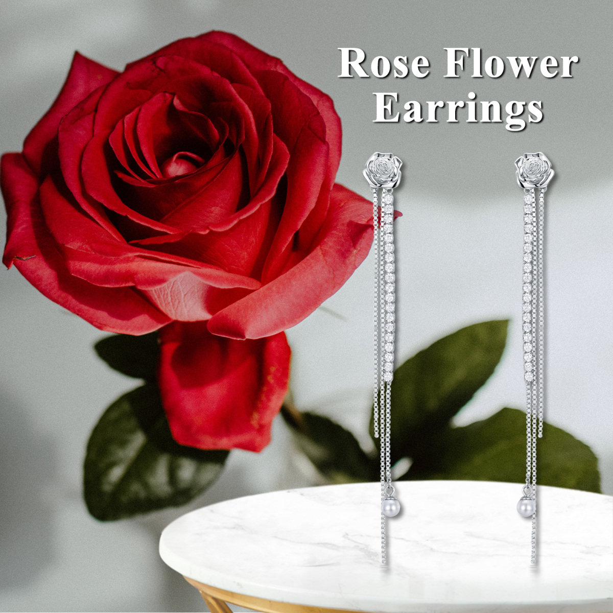 Sterling Silver Circular Shaped Cubic Zirconia Rose Drop Earrings-7
