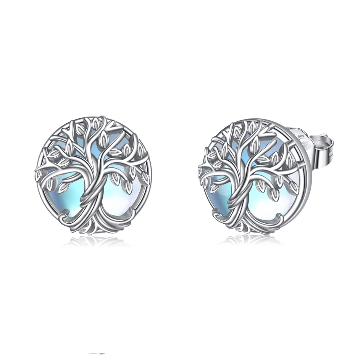 Sterling Silver Circular Shaped Moonstone Tree Of Life Stud Earrings-1