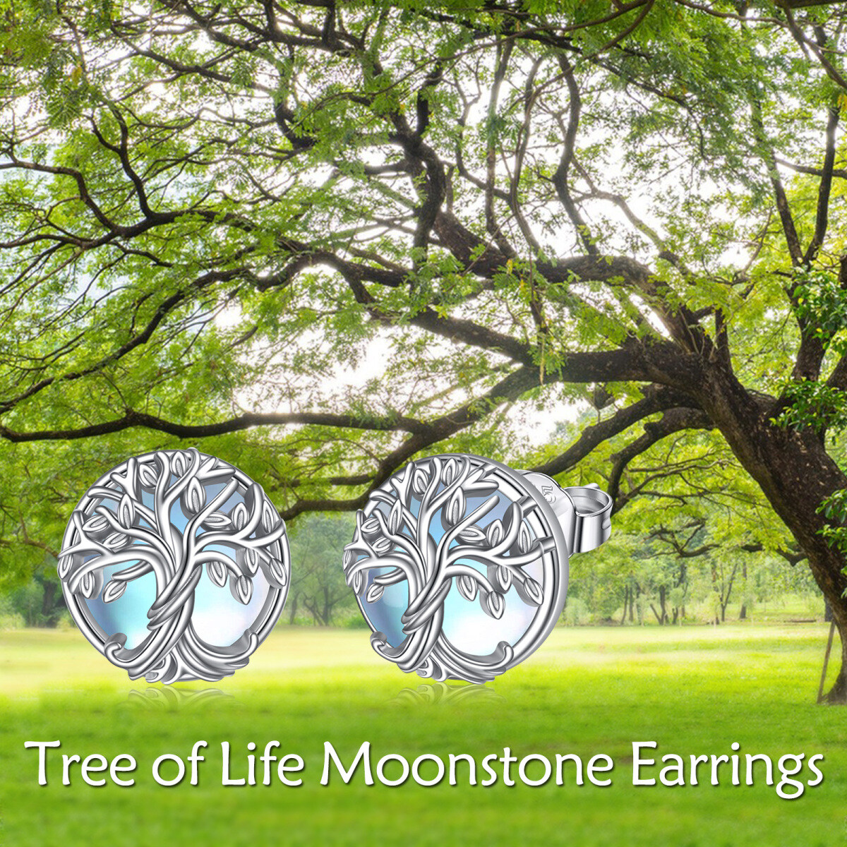 Sterling Silver Circular Shaped Moonstone Tree Of Life Stud Earrings-6