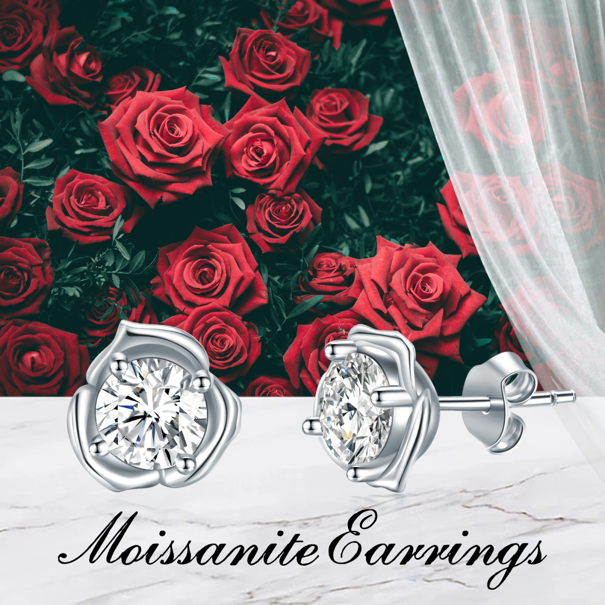 Sterling Silver Circular Shaped Moissanite Rose Stud Earrings-6