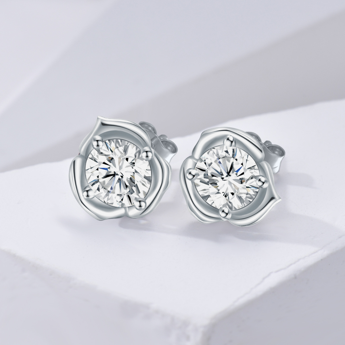 Sterling Silver Circular Shaped Moissanite Rose Stud Earrings-3