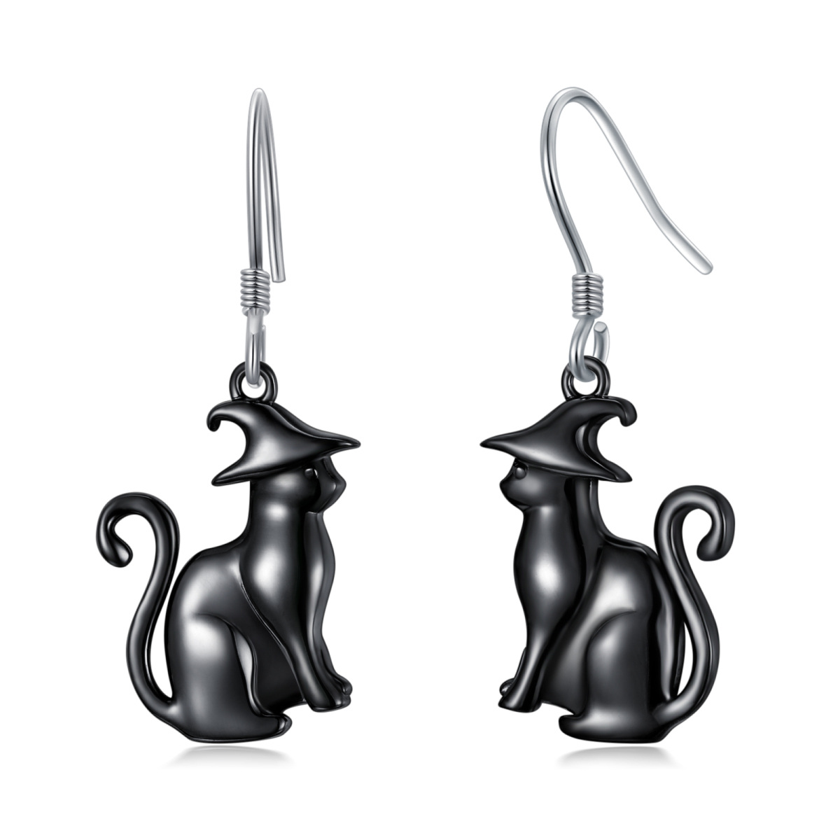 Sterling Silver Cat Drop Earrings-1