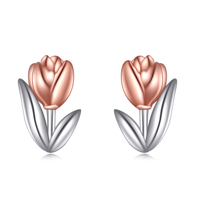 Pendientes de tuerca de plata de ley con diseño de tulipán chapado en oro rosa, joyería para mujer-0