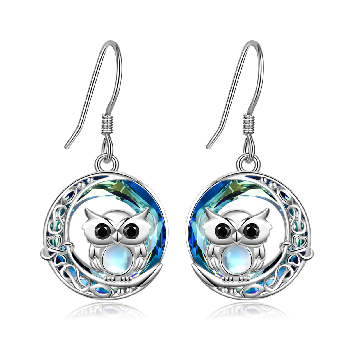 Sterling Silver Circular Shaped Crystal Owl Drop Earrings-1