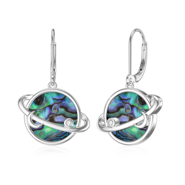 Sterling Silver Circular Shaped Abalone Shellfish & Cubic Zirconia Moon & Planet Drop Earrings-0