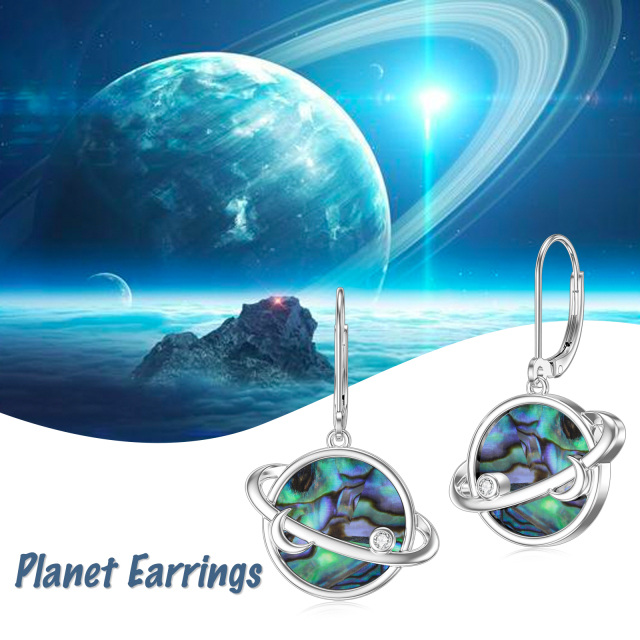 Sterling Silver Circular Shaped Abalone Shellfish & Cubic Zirconia Moon & Planet Drop Earrings-3