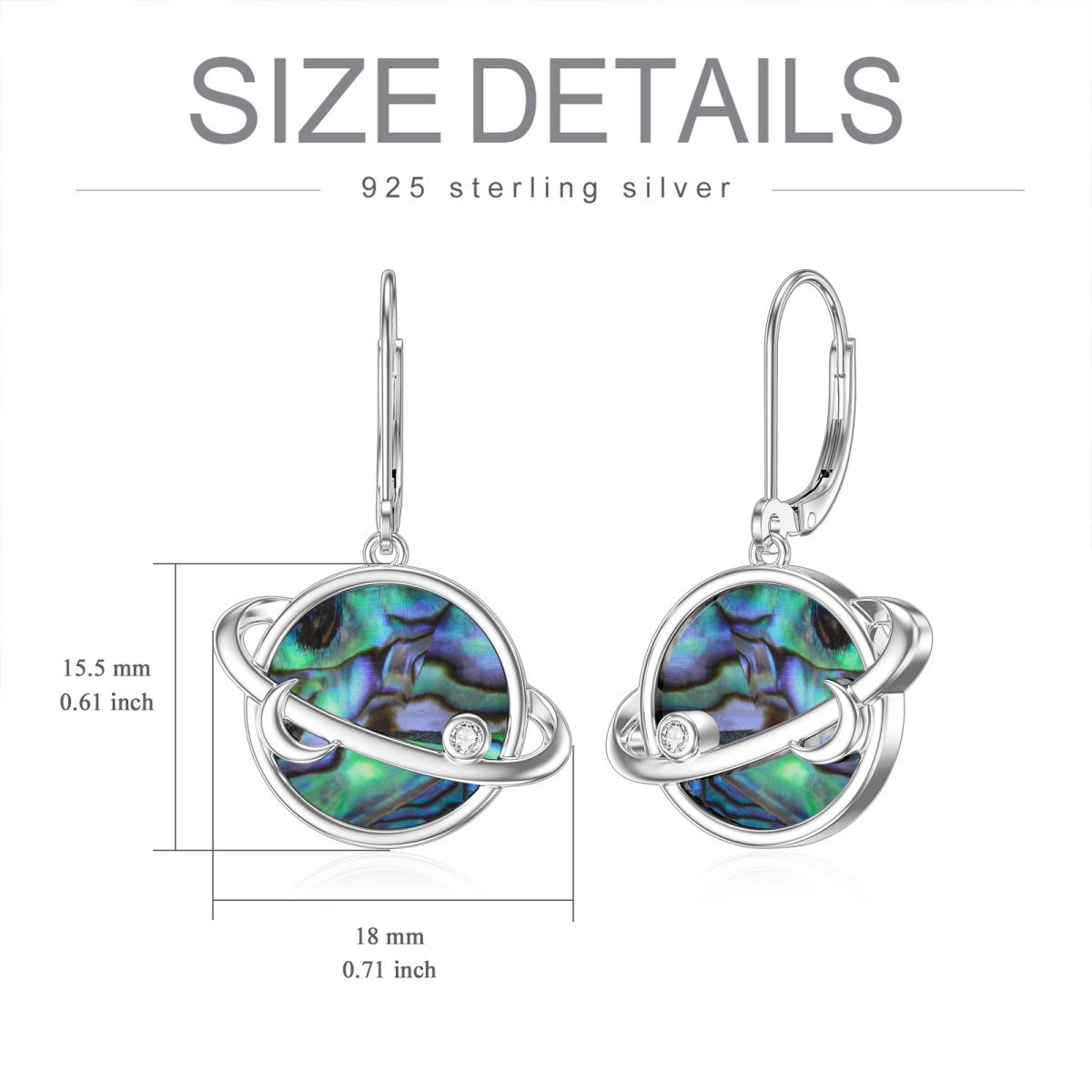 Sterling Silver Circular Shaped Abalone Shellfish & Cubic Zirconia Moon & Planet Drop Earrings-6