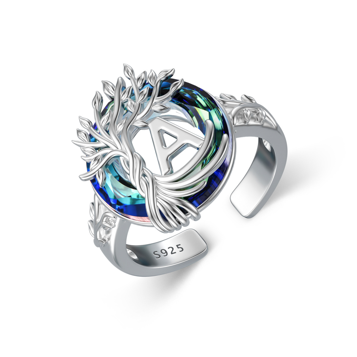 Bague en argent sterling en cristal rond et lettre initiale personnalisée Tree Of Life Ope-1