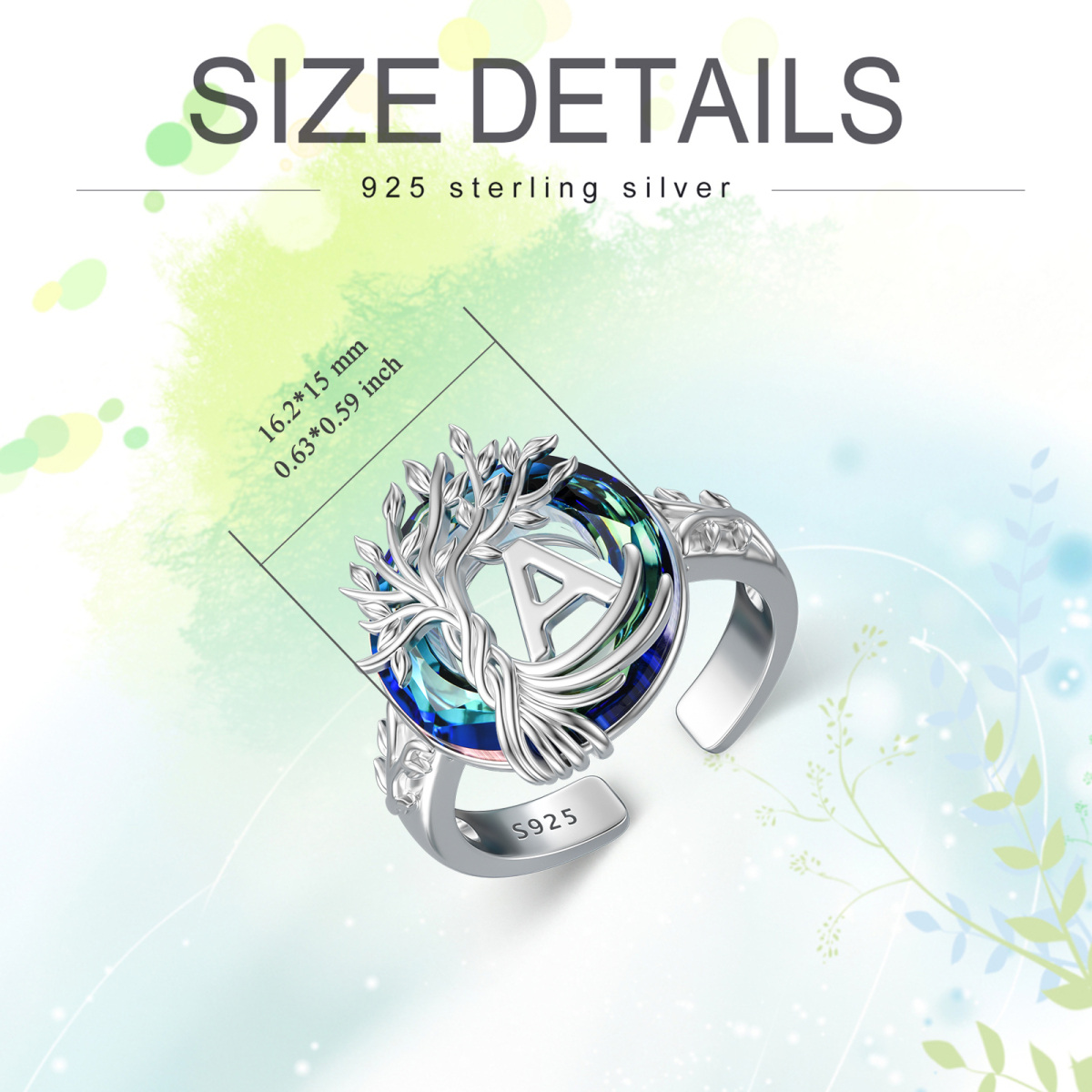 Sterling Silver Round Crystal & Personalized Initial Letter Tree Of Life Open Ring with Initial Letter A-6