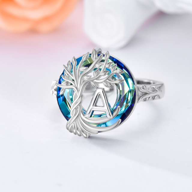 Sterling Silver Round Crystal & Personalized Initial Letter Tree Of Life Open Ring with Initial Letter A-3