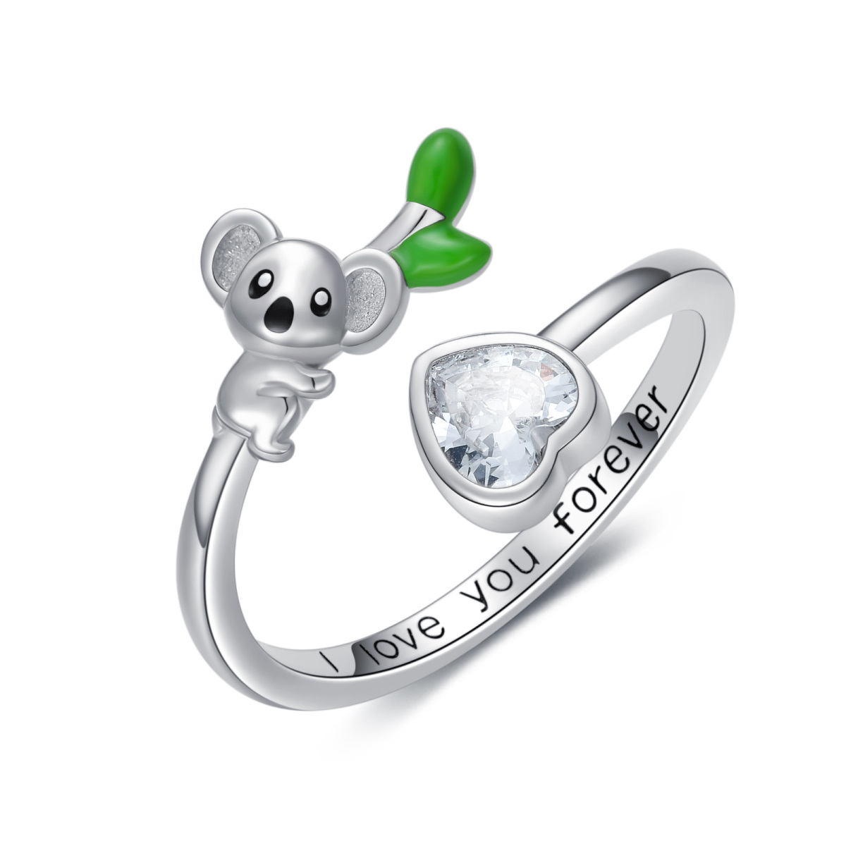 Sterling Silver Heart Shaped Crystal Koala & Heart Open Ring with Engraved Word-1