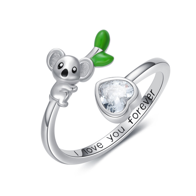 Sterling Silver Heart Shaped Crystal Koala & Heart Open Ring with Engraved Word-0