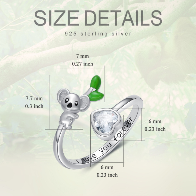 Sterling Silber Herz geformt Kristall Koala & Herz offener Ring mit eingraviertem Wort-4