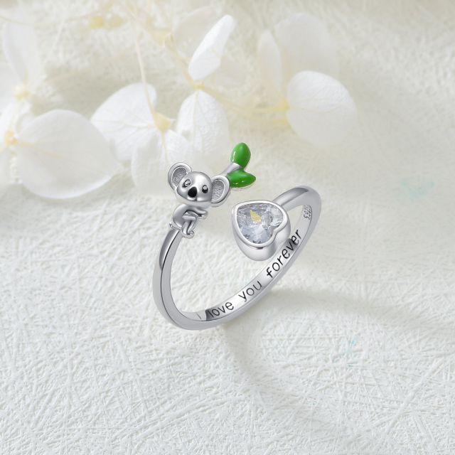 Sterling Silver Heart Shaped Crystal Koala & Heart Open Ring with Engraved Word-3