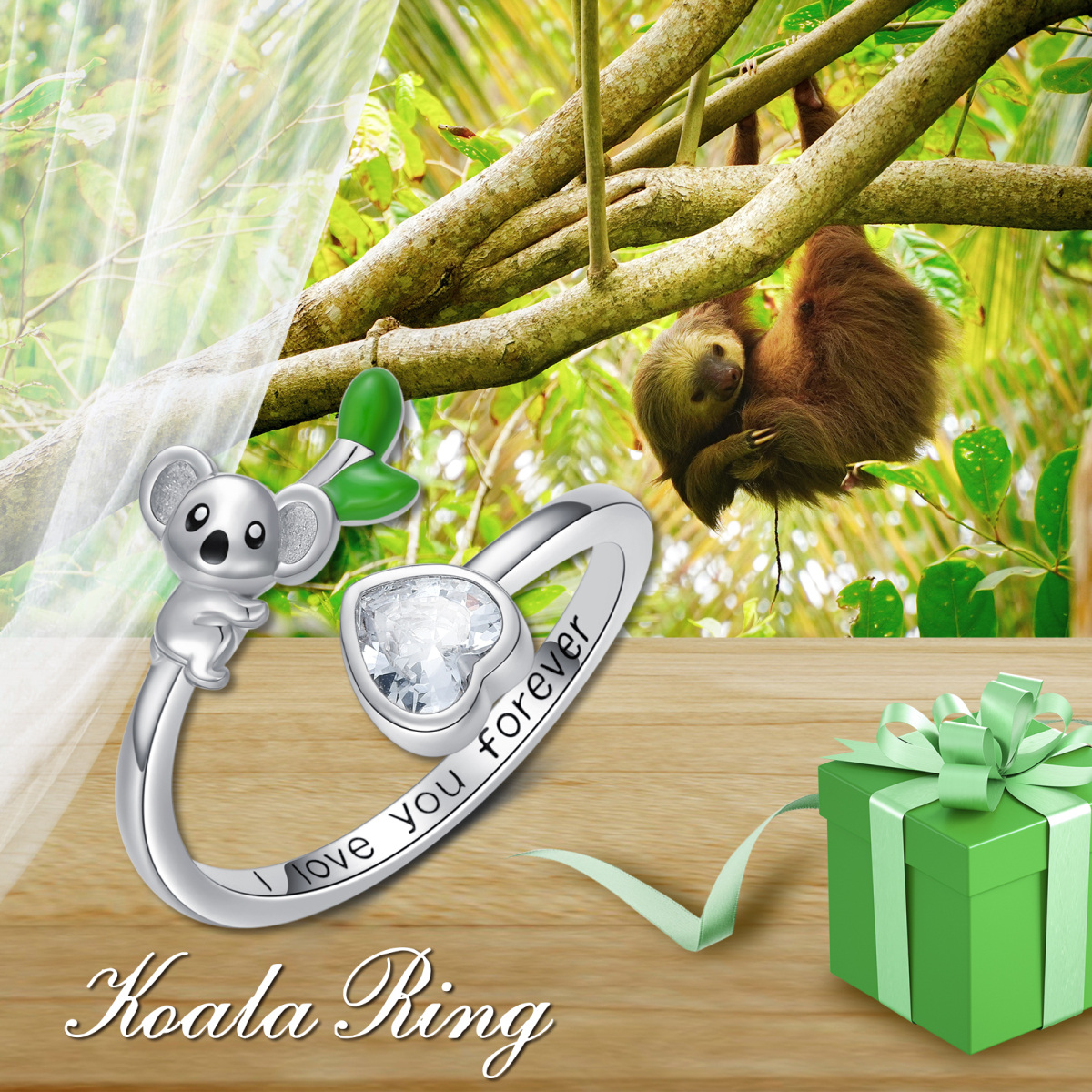 Sterling Silver Heart Shaped Crystal Koala & Heart Open Ring with Engraved Word-6
