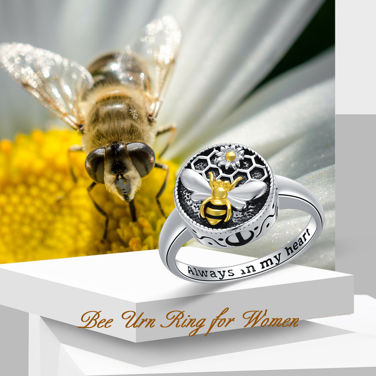 Bague en argent sterling en forme d'urne d'abeille -6