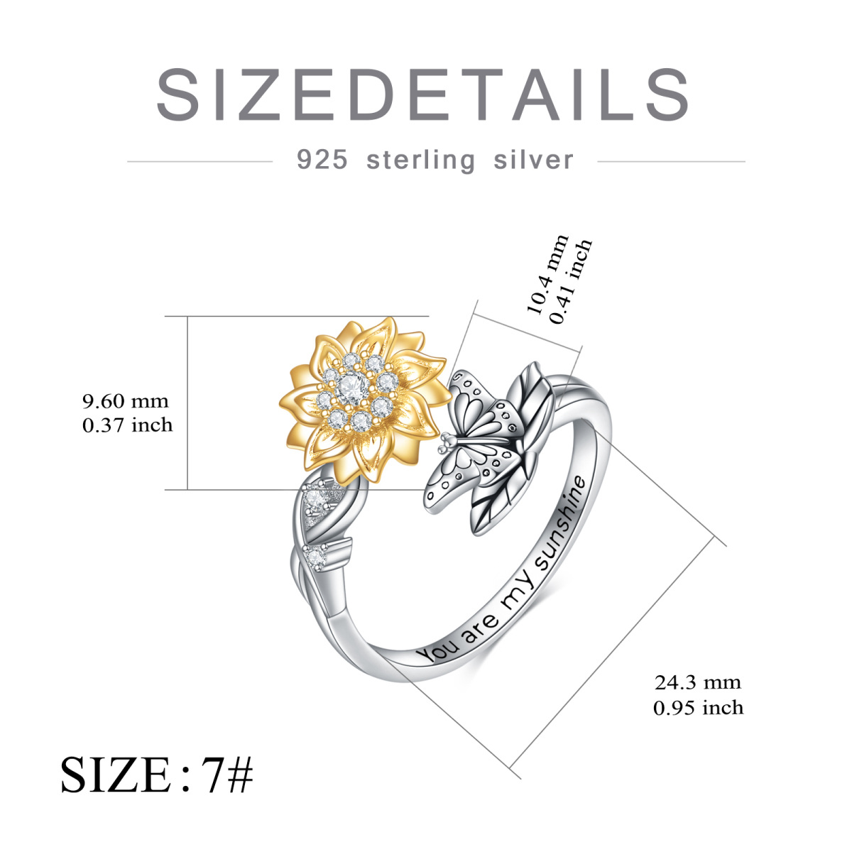 Sterling Silver Two-tone Circular Shaped Cubic Zirconia Butterfly & Sunflower Spinner Ring with Engraved Word-5