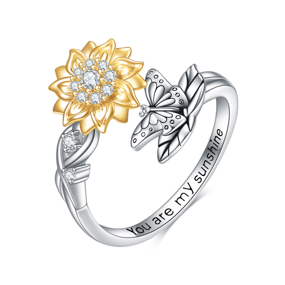 Sterling Silver Two-tone Circular Shaped Cubic Zirconia Butterfly & Sunflower Spinner Ring with Engraved Word-1