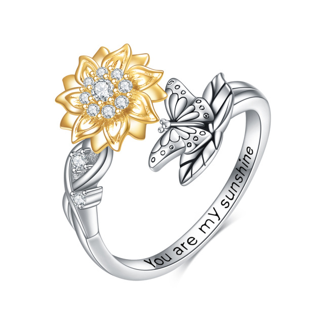 Sterling Silver Two-tone Circular Shaped Cubic Zirconia Butterfly & Sunflower Spinner Ring with Engraved Word-0