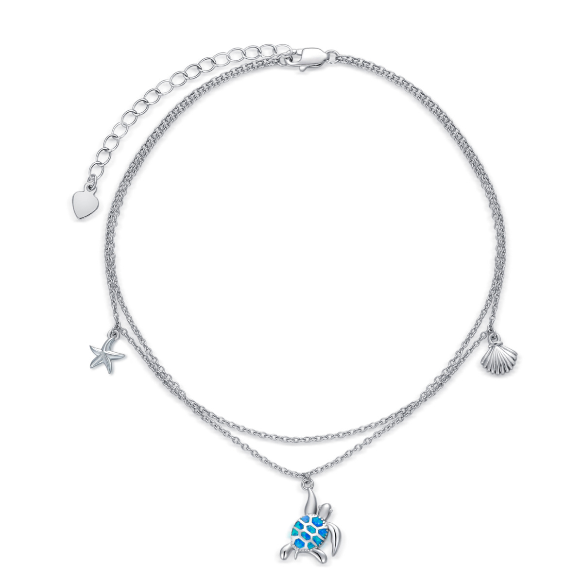 Sterling Silver Opal Sea Turtle & Starfish & Shell Multi-layered Chain Anklet-1