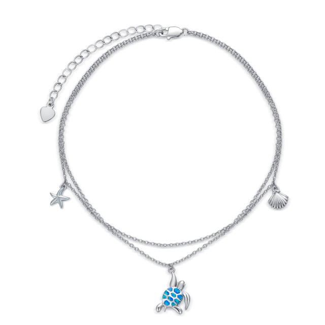 Sterling Silver Opal Sea Turtle & Starfish & Shell Multi-layered Chain Anklet-2