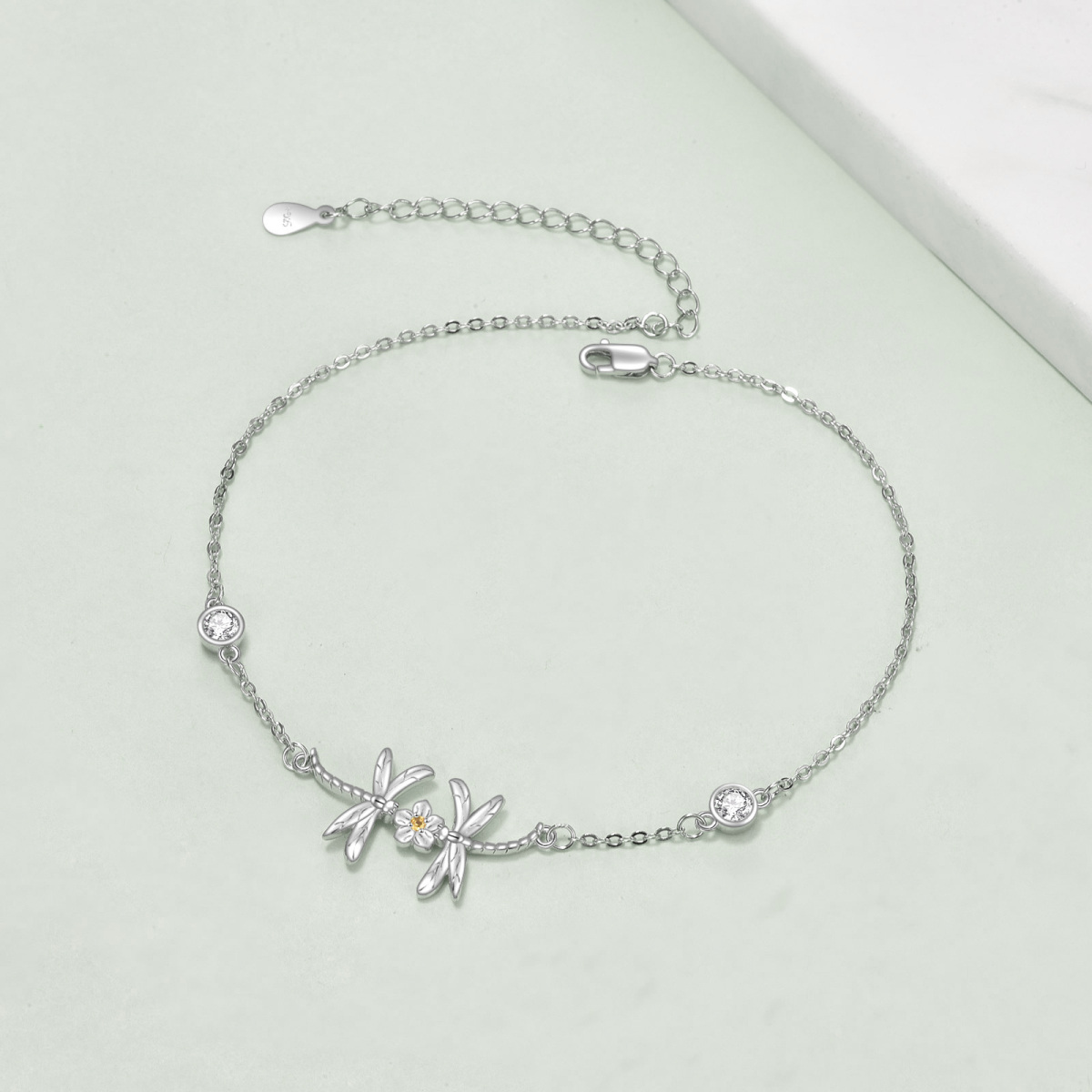 Sterling Silver Cubic Zirconia Dragonfly Single Layer Anklet-4