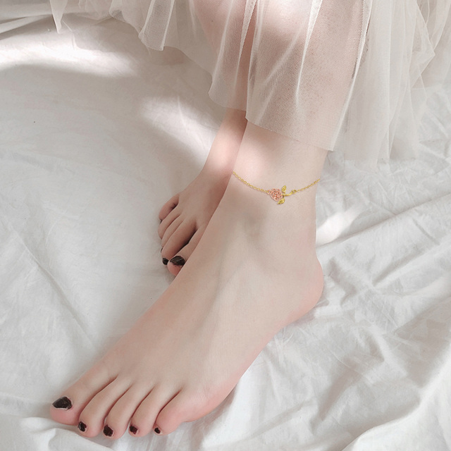 Cadeaux de bracelet de cheville en forme de fleur de rose en or 14 carats, idéaux pour les femmes et les petites amies-1