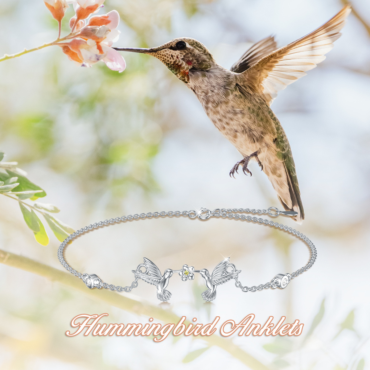 Sterling Silver Cubic Zirconia Hummingbird Single Layer Anklet-5