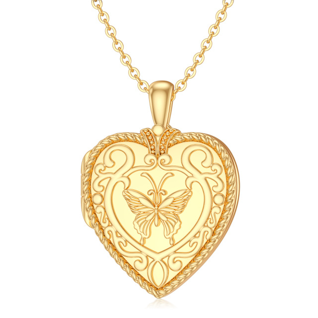 10K Gold Butterfly & Heart Personalized Photo Locket Necklace-0