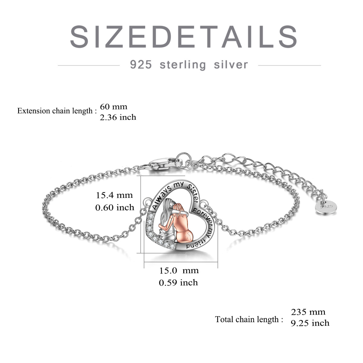 Sterling Silver Two-tone Round Cubic Zirconia Sisters & Heart Pendant Bracelet with Engraved Word-6