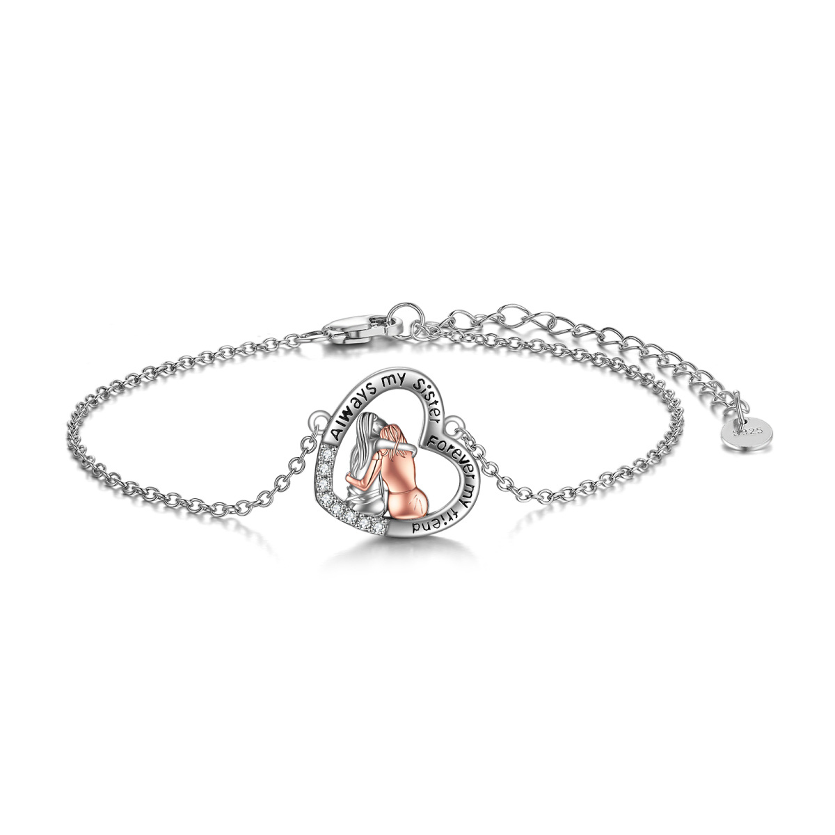 Sterling Silver Two-tone Round Cubic Zirconia Sisters & Heart Pendant Bracelet with Engraved Word-1