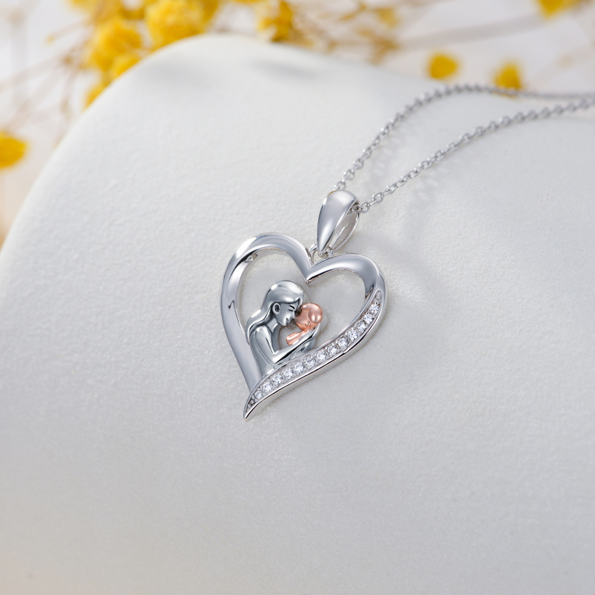 Sterling Silver Two-tone Circular Shaped Cubic Zirconia Mother & Heart Pendant Necklace-3