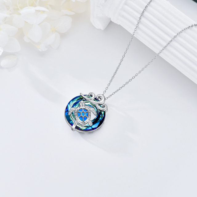 Sterling Silver Circular Shaped Crystal Sea Turtle & Spray Pendant Necklace-4