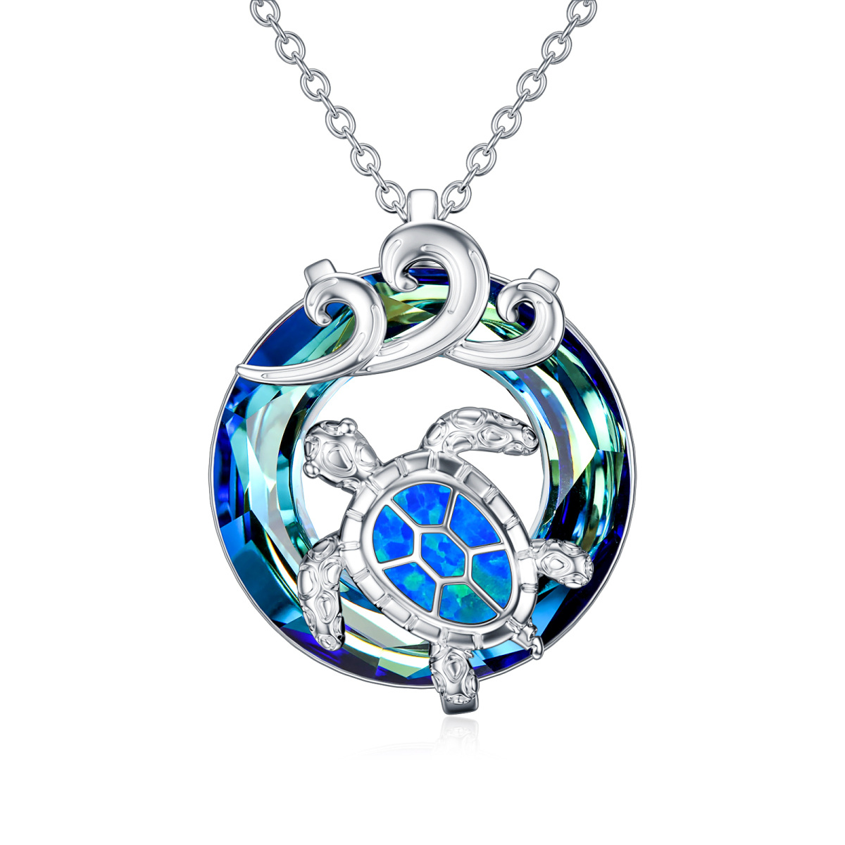 Sterling Silver Circular Shaped Crystal Sea Turtle & Spray Pendant Necklace-1